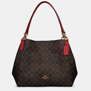 COACH Hallie Signature Canvas Shoulder Bag Brown Red Trim Large Tote Purse